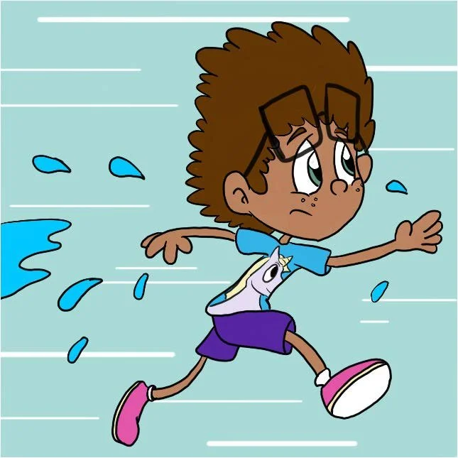 Buster is running and sweating